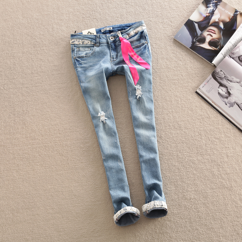 2013 spring lace decoration tight-fitting jeans trousers hole female skinny pants