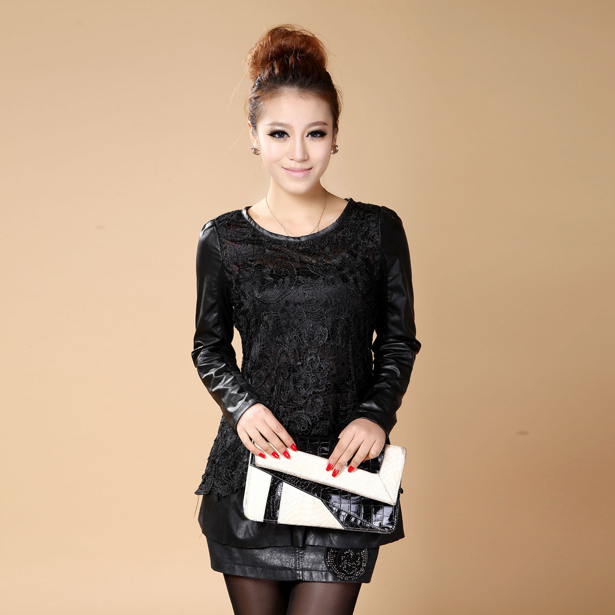 2013 spring lace fashion slim leather cutout leather skirt gentlewomen 1368 one-piece dress