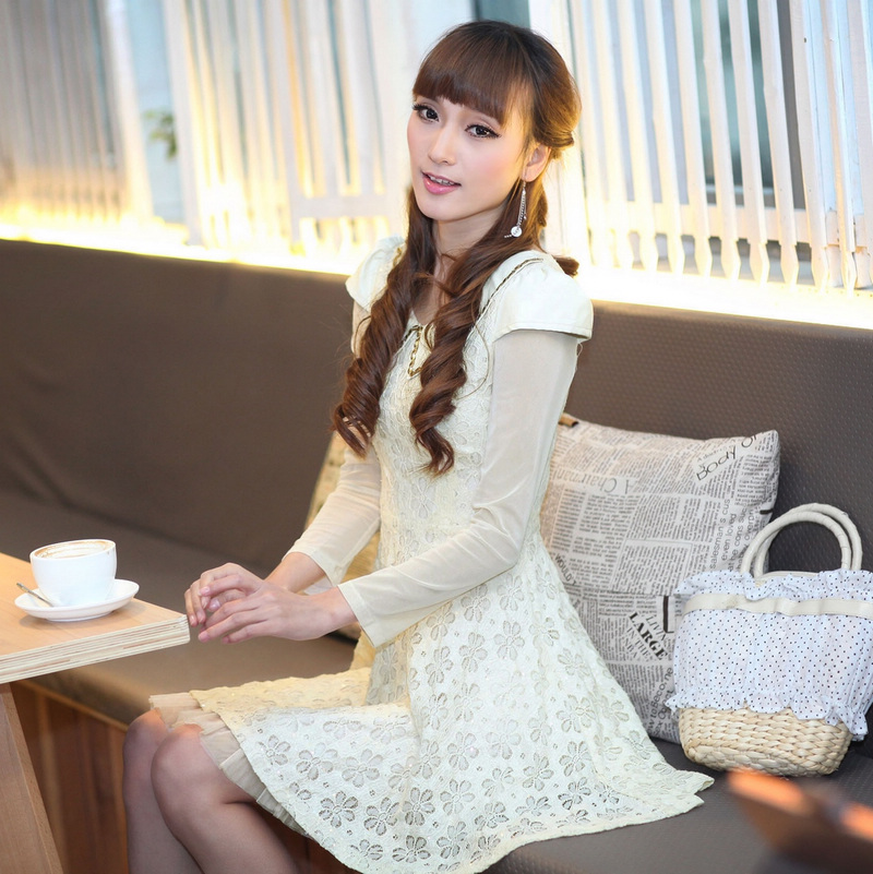 2013 spring lace one-piece dress beading leather peter pan collar long-sleeve dress slim skirt