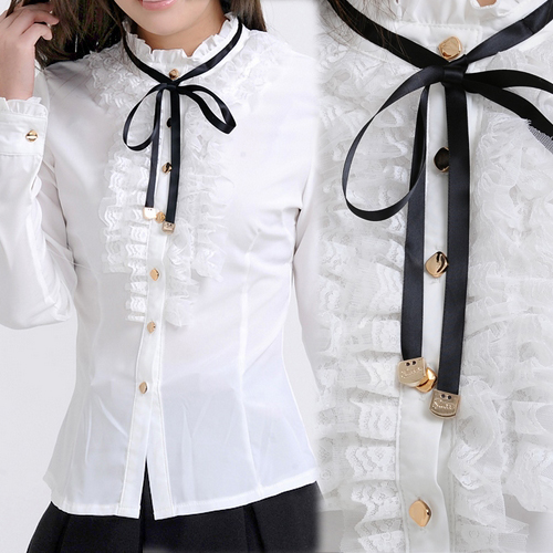 2013 Spring lace ruffle sweet neck  t-shirt female slim lace ruffle sweet long-sleeves blouses