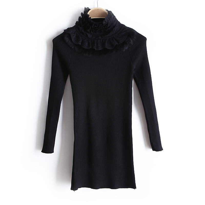 2013 spring lace turtleneck medium-long basic shirt slim fur collar sweater female wx1380 free shipping