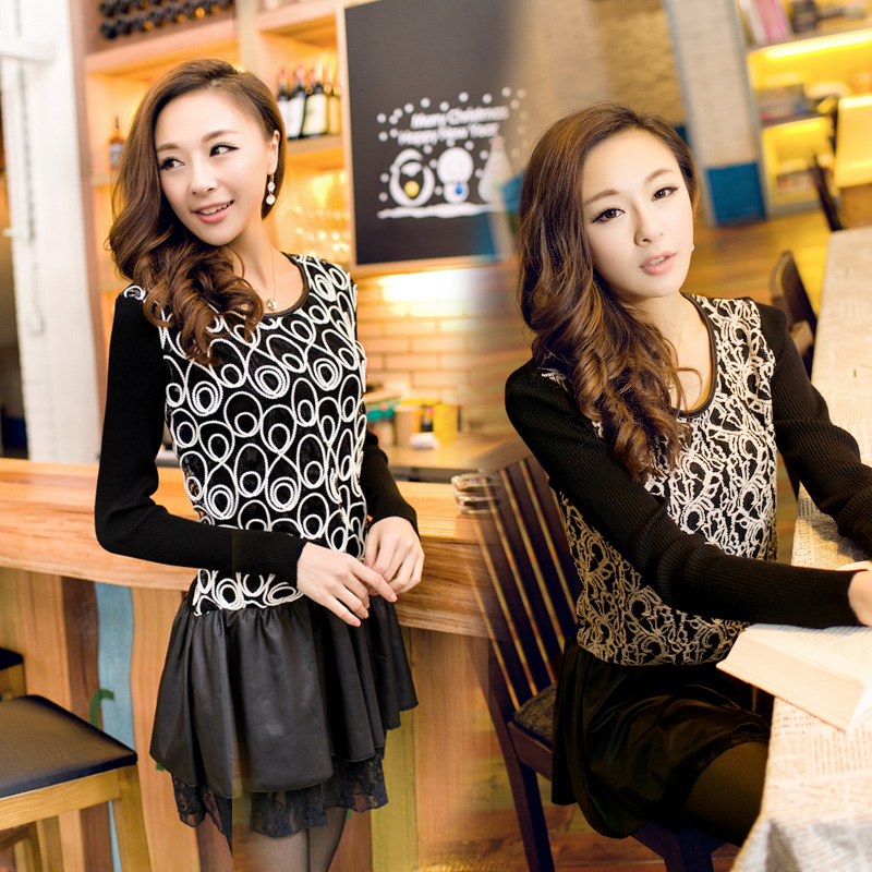 2013 spring lace yarn faux leather patchwork o-neck one-piece dress female skirt 0051