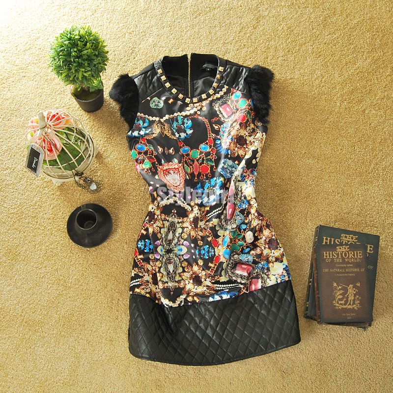 2013 Spring Ladies National Trend A - shaped Type Sleeveless Rabbit fur One-piece Dress Patchwork Leather Skirt