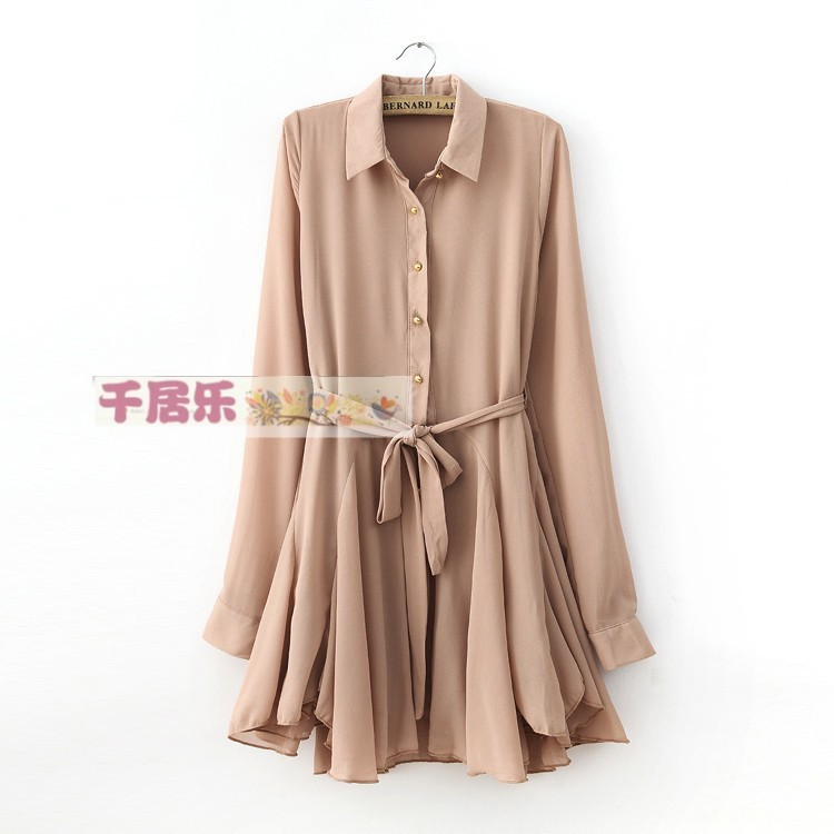 2013 spring latest design long sleeve turn down collar with belt ladies fashion chiffon dress ruffle design free shipping