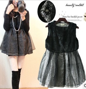 2013 spring leather cape hare wool patchwork organza one-piece dress outerwear