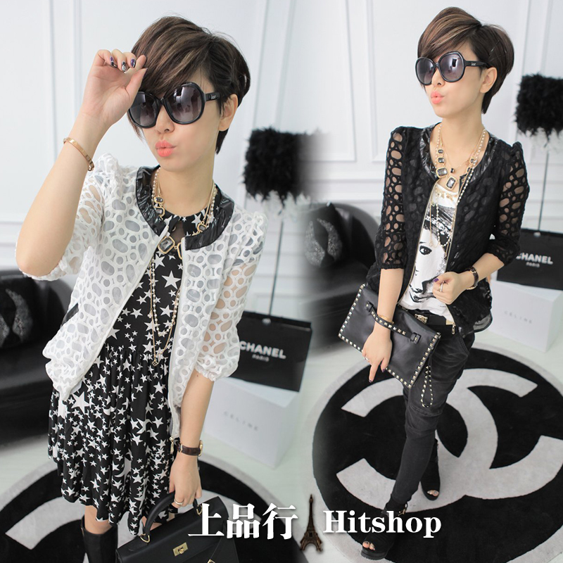 2013 spring leather flower cutout o-neck top female short jacket sun protection clothing