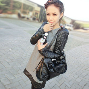 2013 spring leather patchwork small basic skirt autumn and winter long-sleeve woolen one-piece dress