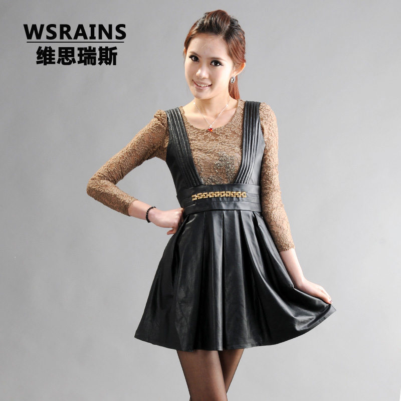 2013 spring leather skirt pleated genuine sheepskin leather vest one-piece dress leather skirt genuine leather skirt