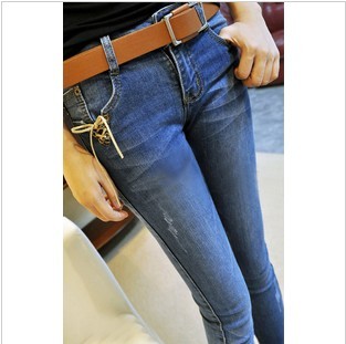 2013 spring light color distrressed pencil pants pocket lacing slim blue