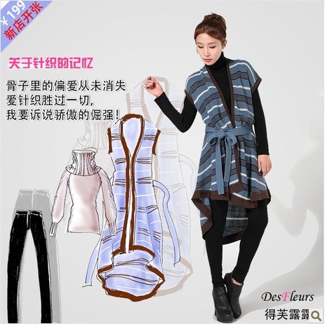 2013 spring long design sleeveless irregular stripe wool sweater female cardigan sweater