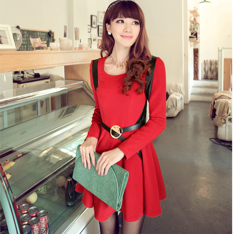 2013 spring long-sleeve dress women leather decoration knitted one-piece dress belt