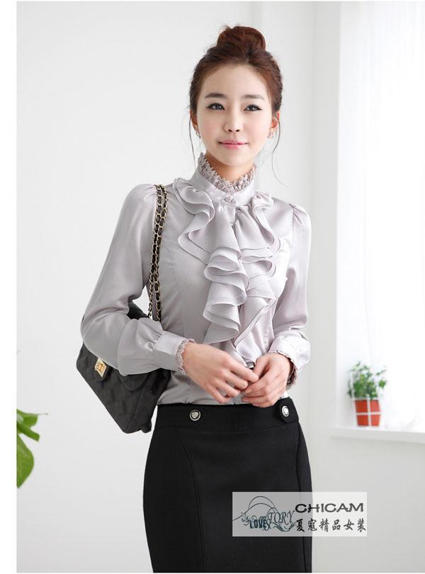 2013 Spring Long Sleeve Falbala Silk Blouse Lovely Neck Lady Working Wear Business Formal Shirt Free Shipping