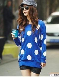 2013 spring loose casual batwing shirt o-neck polka dot medium-long sweater women's