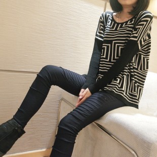 2013 spring loose casual stripe shirt low o-neck sweater pullover long-sleeve women's