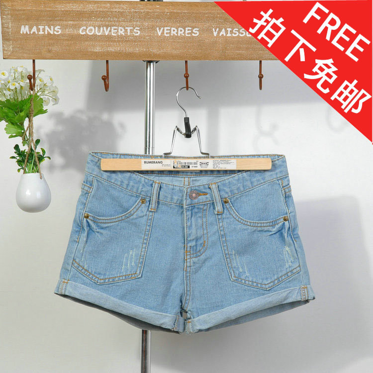 2013 spring loose denim shorts female roll-up hem light color shorts water wash denim plus size