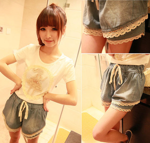 2013 spring loose double layer lace decoration women's elastic waist denim shorts 980