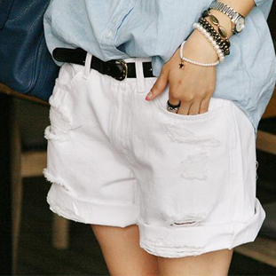 2013 spring loose plus size women's white jeans street hole roll-up hem denim shorts