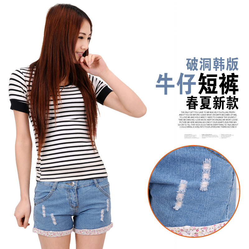 2013 spring loose roll-up hem denim shorts hole female women's shorts