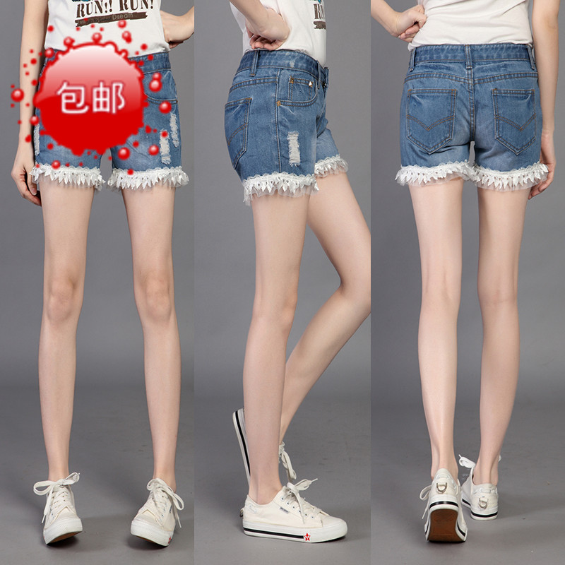 2013 spring loose roll-up hem denim shorts hole female women's shorts