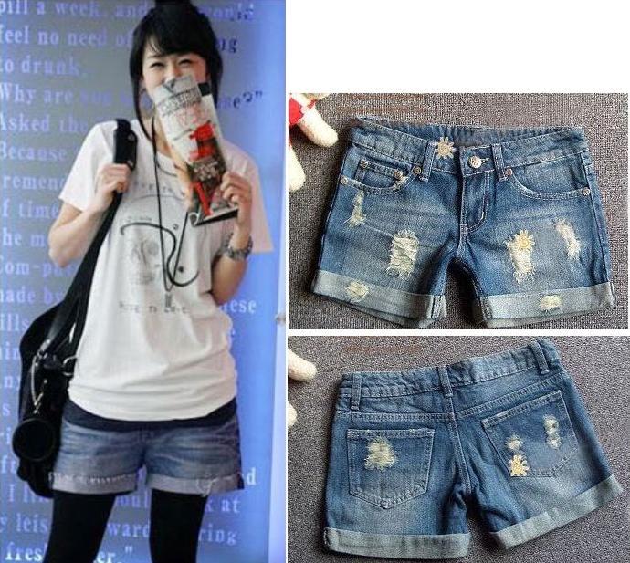 2013 spring loose roll-up hem denim shorts hole female women's shorts plus size