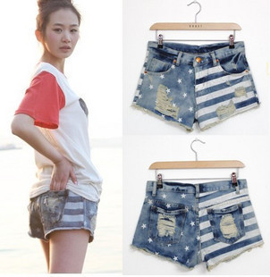 2013 spring loose roll-up hem denim shorts hole female women's shorts plus size