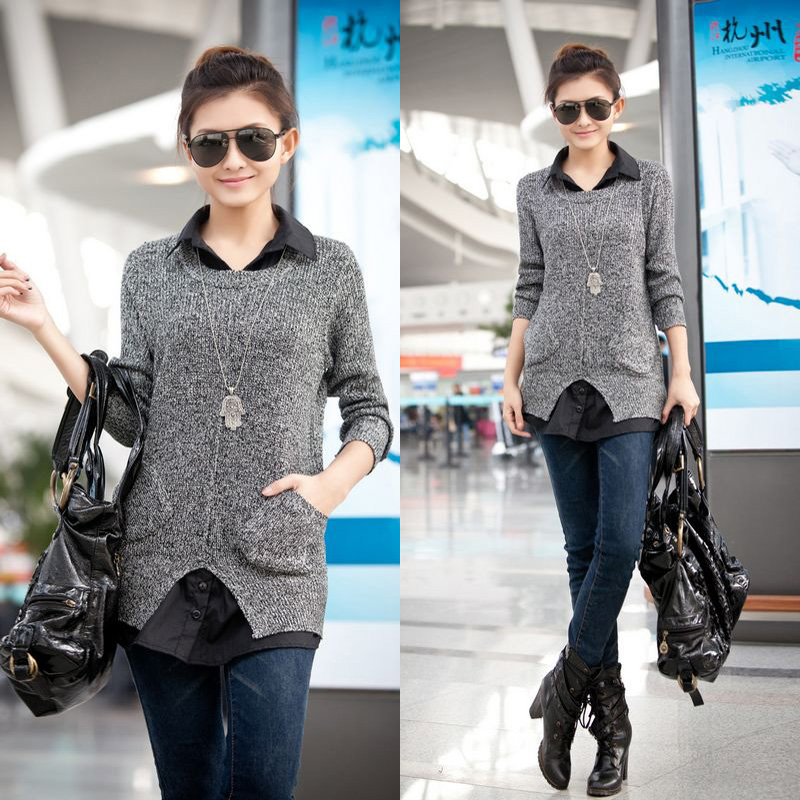 2013 spring loose shirt collar pocket patchwork faux two piece basic sweater female outerwear