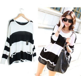 2013 spring loose t-shirt personalized big stripe women's double pocket sweater cotton long-sleeve autumn loose t-shirt