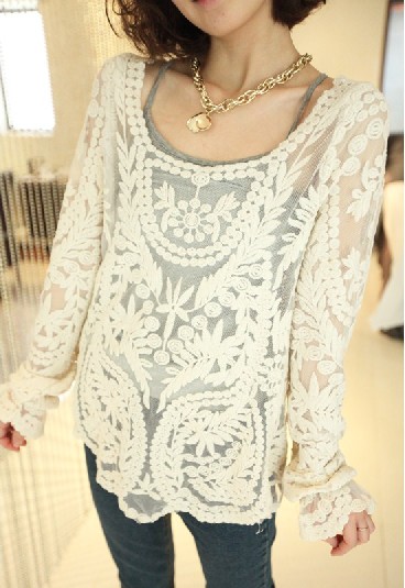 2013 spring low o-neck cutout flare sleeve gauze perspective sexy lace long-sleeve shirt thin chiffon shirt