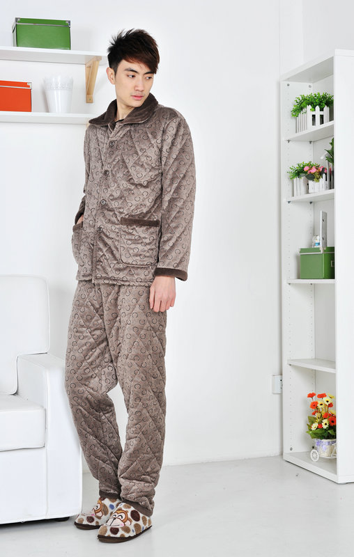 2013 spring male coral fleece sleepwear cotton-padded sleepwear solid color thickening print casual lounge set