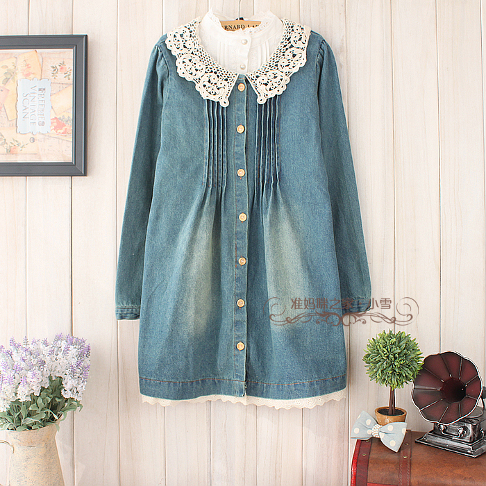 2013 spring maternity clothing maternity denim long-sleeve top denim skirt denim outerwear f40 Maternity Dress