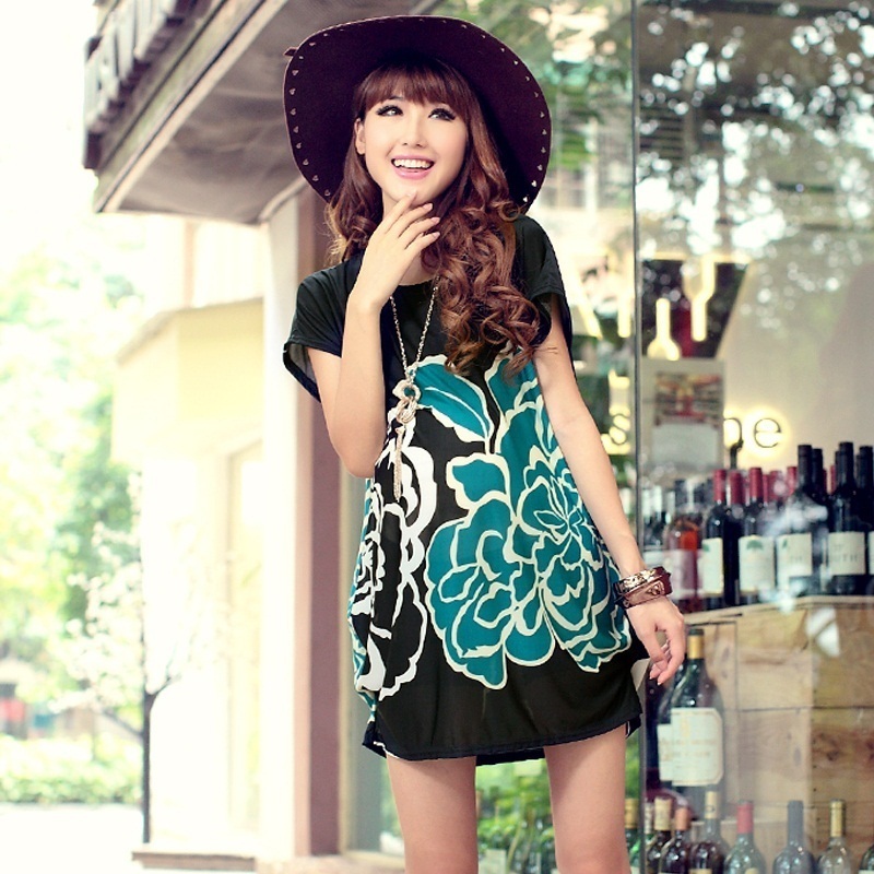 2013 spring maternity clothing o-neck flower pleated medium-long T-shirt short-sleeve top Maternity tops