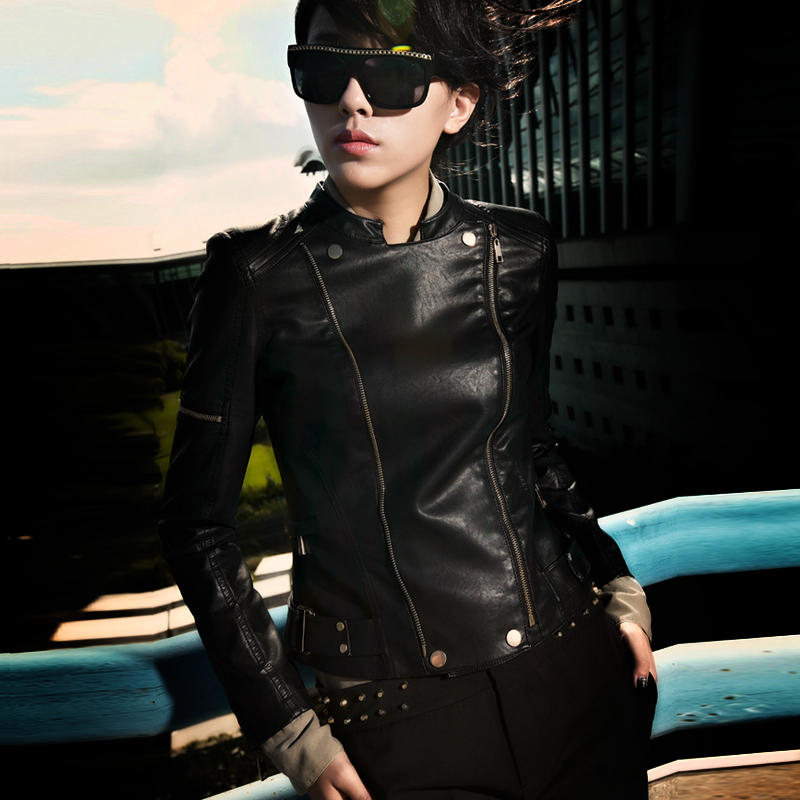 2013 spring motorcycle leather clothing female short jacket slim design short jacket 21g3700