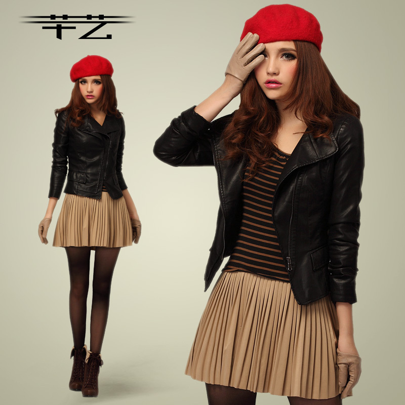 2013 spring motorcycle PU clothing female short design small slim leather clothing outerwear