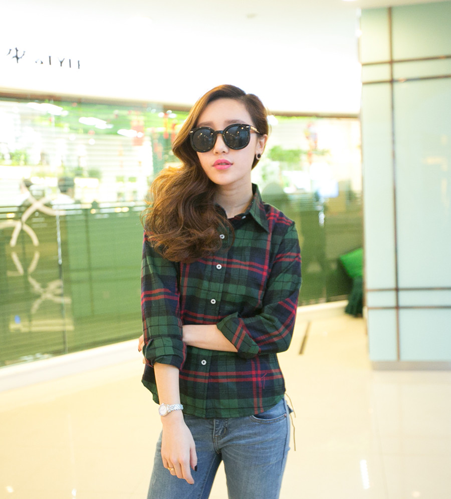 2013 spring mushroom women's plaid shirt female long-sleeve clothes sisters equipment honey