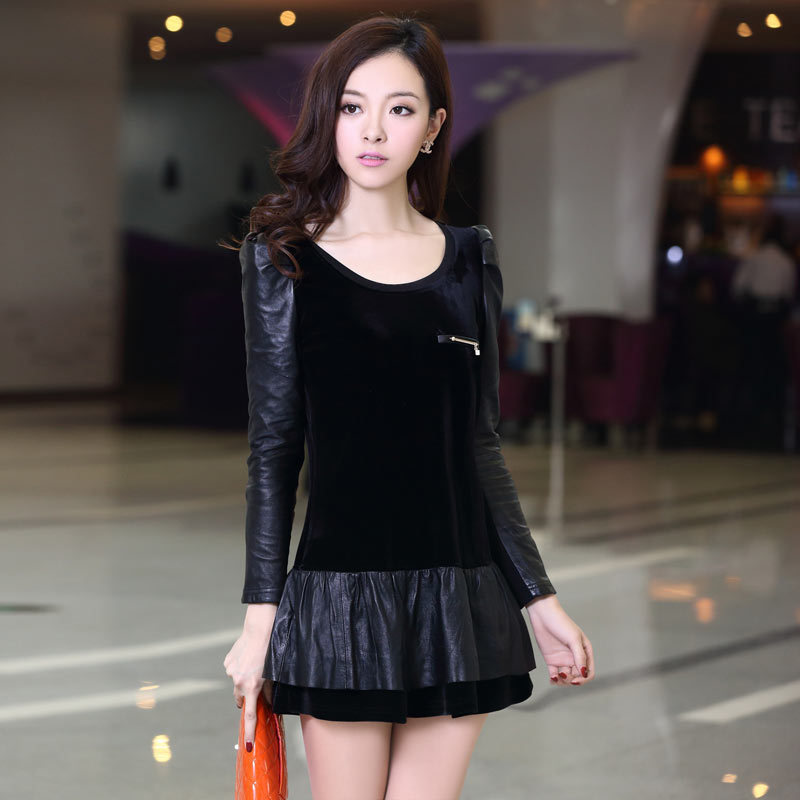 2013 spring new arrival 0225711301 women's patchwork leather PU water washed velvet long-sleeve basic skirt dress