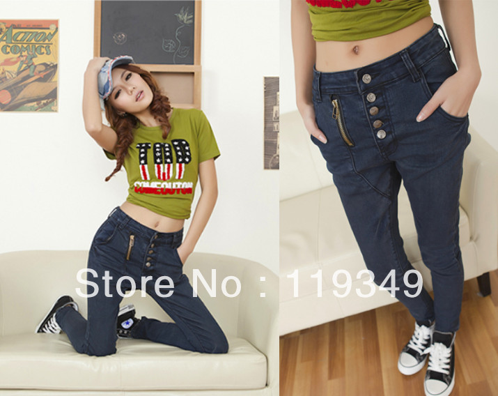 2013 spring new arrival breasted button harem pants women skinny zipper jeans pants