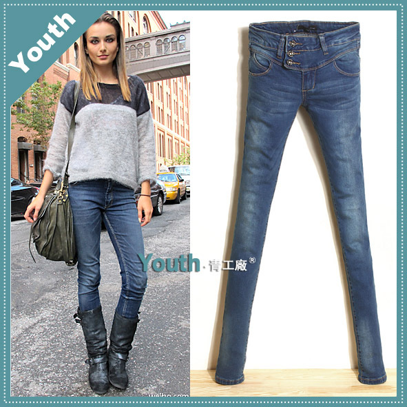 2013 spring new arrival fashion blue oblique buckle mid waist jeans female skinny pants tight pencil pants