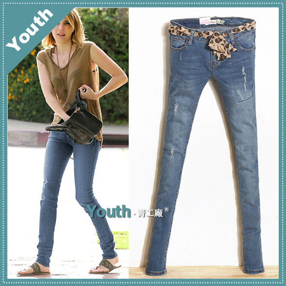 2013 spring new arrival fashion blue patch hole jeans female low-waist pencil pants trousers