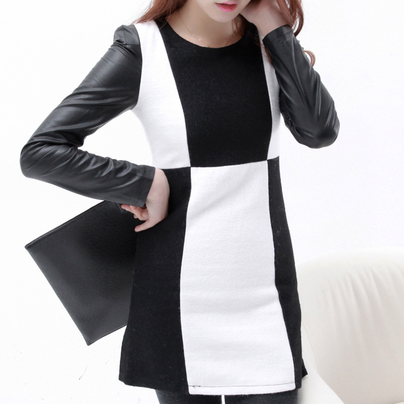 2013 spring new arrival fashion color block large plaid patchwork leather slim woolen one-piece dress female af040