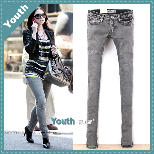 2013 spring new arrival fashion normic elastic fish smoky grey jeans low-waist pencil pants