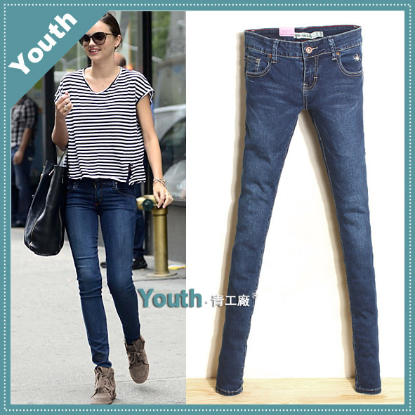 2013 spring new arrival fashion normic embroidery blue jeans female skinny pants low-waist pencil pants