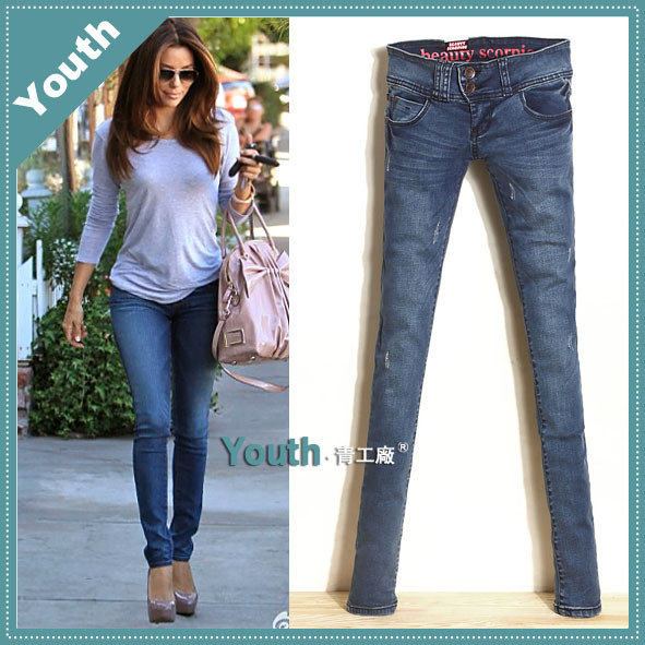 2013 spring new arrival fashion oblique buckle scratches jeans female low-waist pencil pants