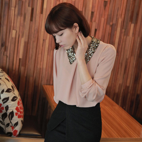 2013 Spring New arrival fashion Sequined collar long sleeve chiffon blouse S,M,L,XL Wholeasle price