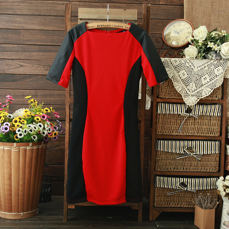 2013 spring new arrival fashion slim hip patchwork color block o-neck short-sleeve women's one-piece dress leather skirt