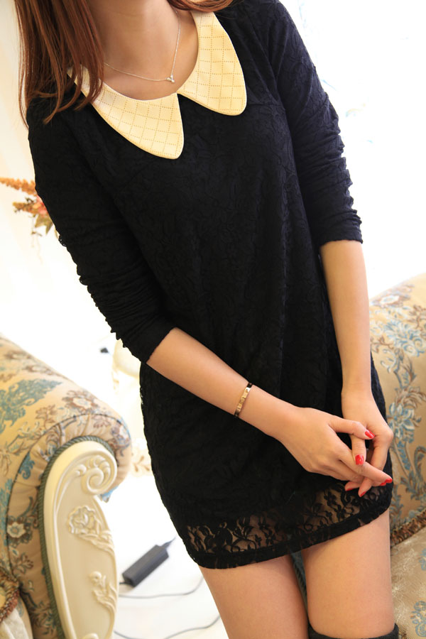 2013 spring new arrival faux leather peter pan collar soft full lace long-sleeve color block one-piece dress