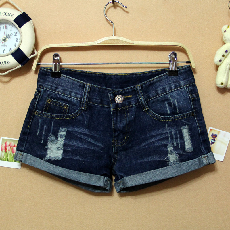 2013 spring new arrival female blue vintage roll-up hem hole wearing white head portrait loose denim shorts all-match