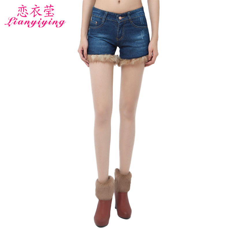 2013 spring new arrival female trousers all-match rabbit fur roll-up hem patchwork jeans casual denim shorts