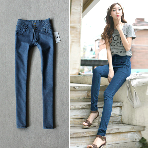 2013 spring new arrival female vintage single breasted high waist Dark Blue skinny pants pencil pants jeans