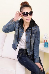 2013 spring new arrival handsome all-match with a hood faux two piece slim denim short jacket coat female