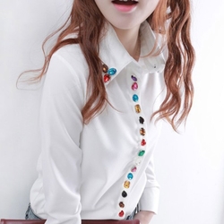 2013 Spring  New Arrival Korean Turn-down Collar Beading Long Sleeve Ciffon Bottom Blouse White,Black,Blue are up to you 8212